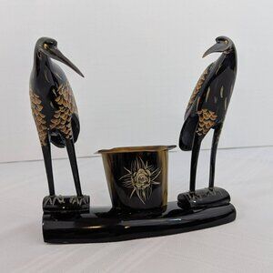 One of a kind hand-crafted horn crane sculpture with penholder